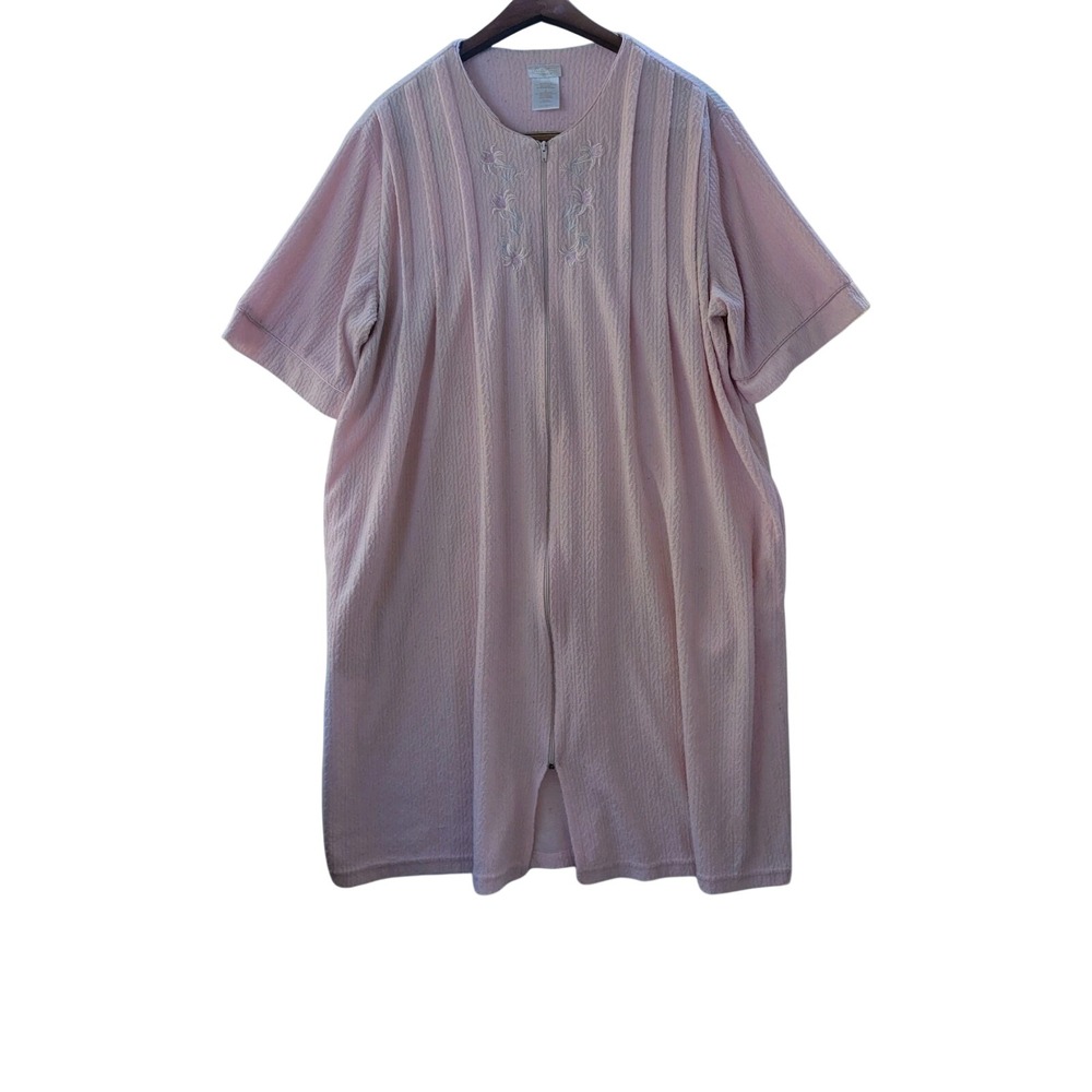 Secret Treasures Pink Textured Zip Front House Dress Robe Floral Embroidered L